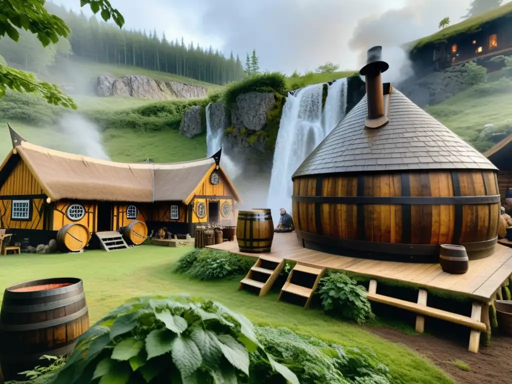 Escena mística de elaboración de cerveza estilo vikingo en un bosque nórdico neblinoso y exuberante