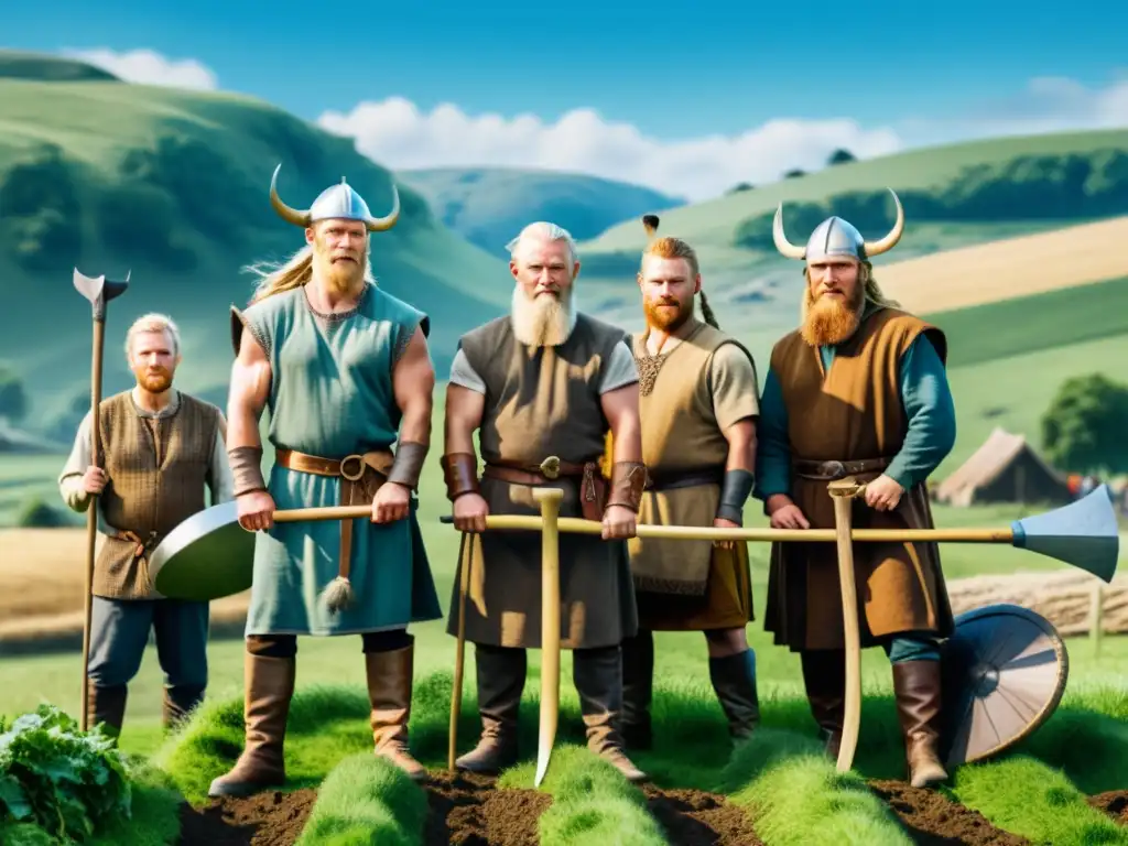 Una escena de organización comunal en granjas vikingas: agricultores trabajando juntos en un campo verde con herramientas antiguas