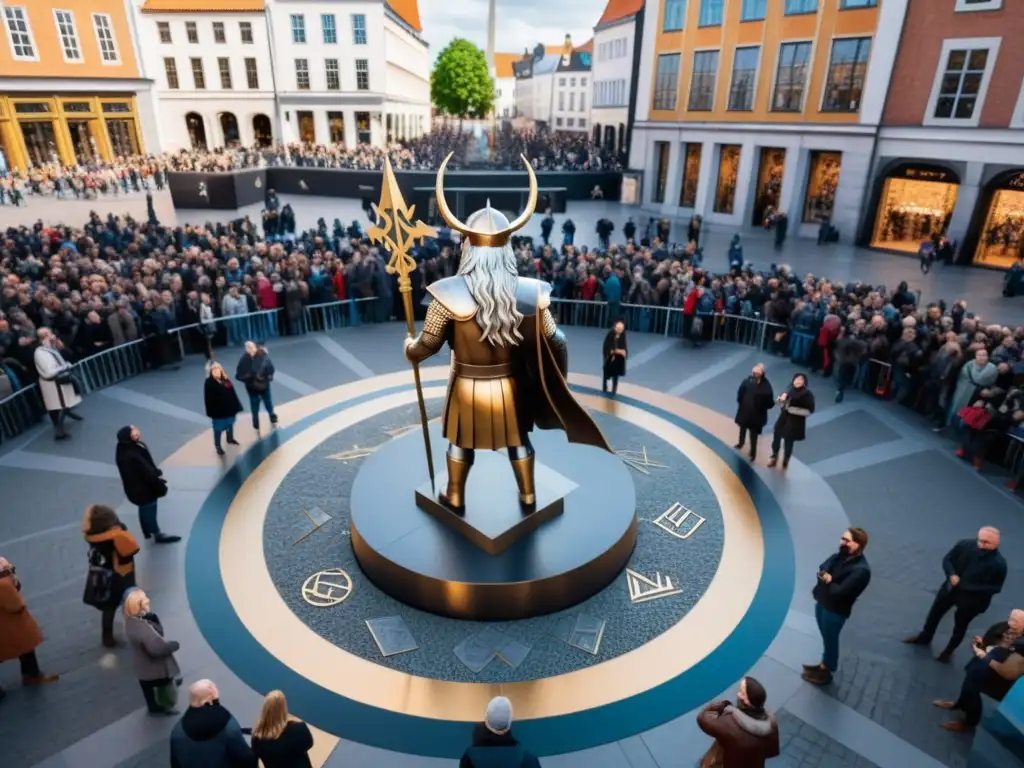 Escena urbana con estatua de Odín, mitología vikinga: el enigma de Odín, gente admirando bajo cielo tormentoso