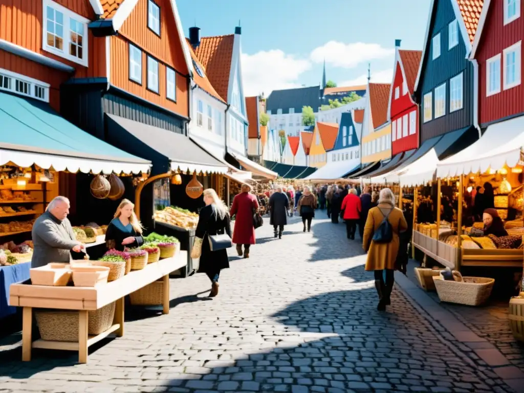 Escena urbana escandinava moderna con mezcla de arquitectura vikinga y edificios contemporáneos