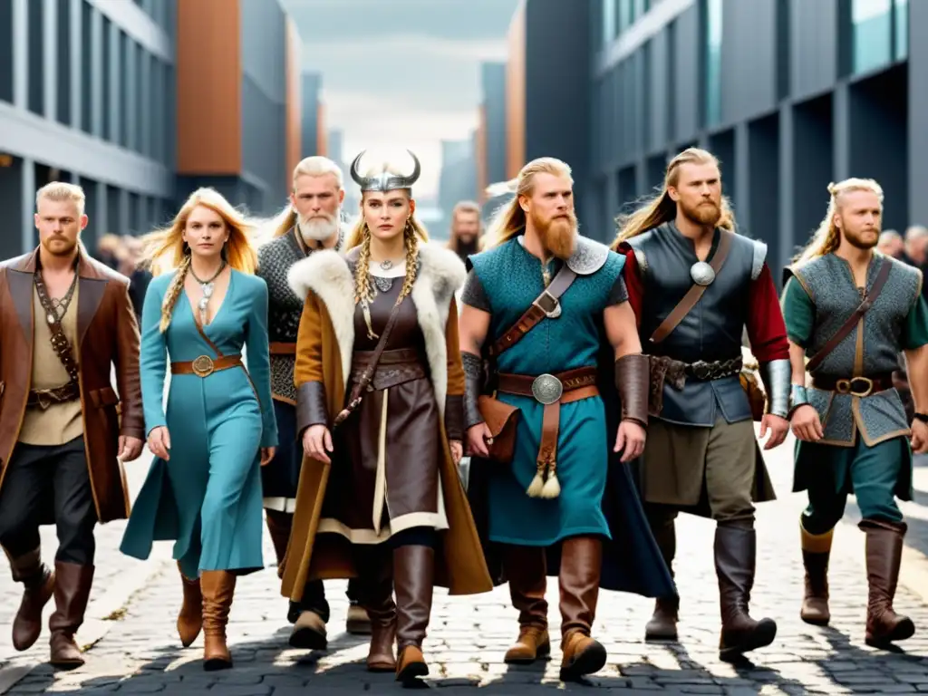 Estilo Vikingo en la Ciudad: Fusión de moda histórica y contemporánea Una escena urbana moderna con personas diversas vistiendo accesorios vikingos para look diario, fusionando herencia histórica y tendencias actuales