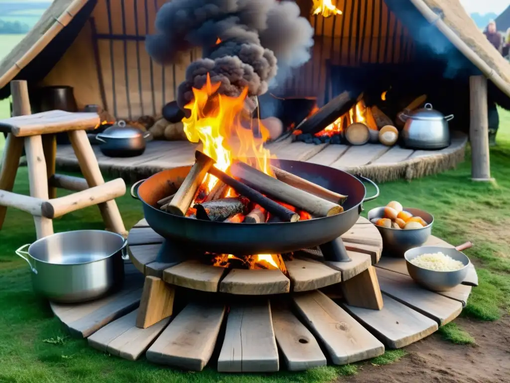 Una escena vibrante de cocina vikinga con fuego, puchero burbujeante y ingredientes frescos