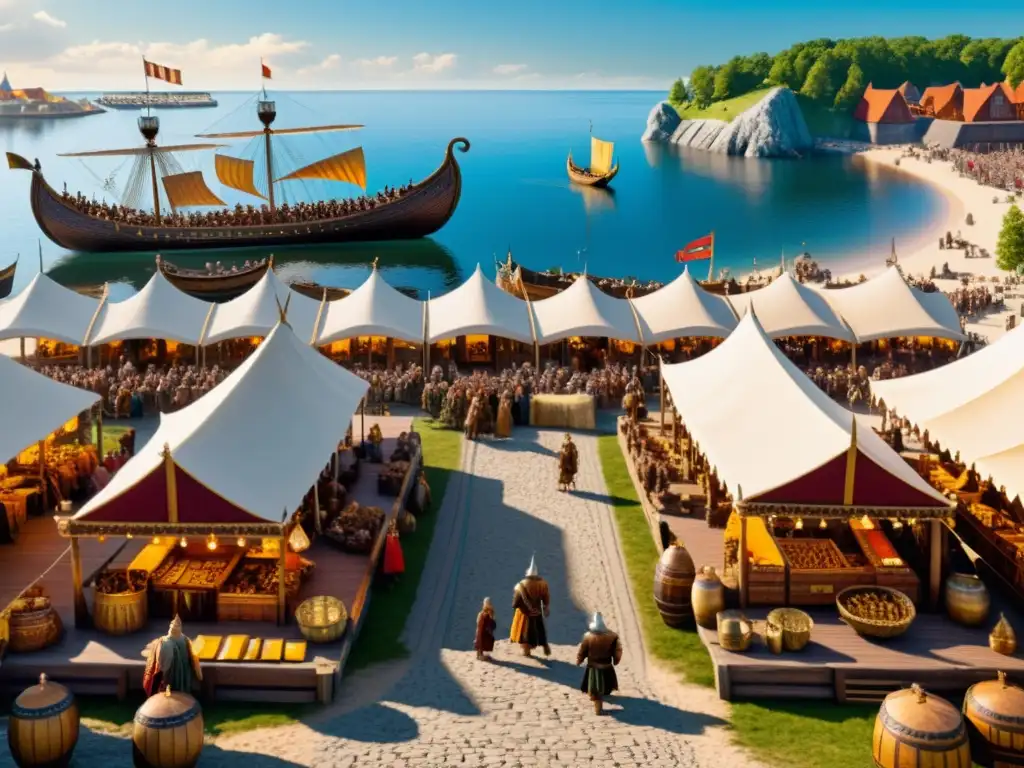 Escena vibrante de comercio vikingo del ámbar en el Mar Báltico, con joyería reluciente y barcos vikingos