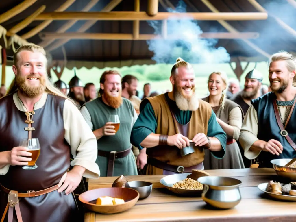 Escena vibrante de una festín vikingo, con guerreros brindando con cuernos de hidromiel y artesanos exhibiendo su trabajo