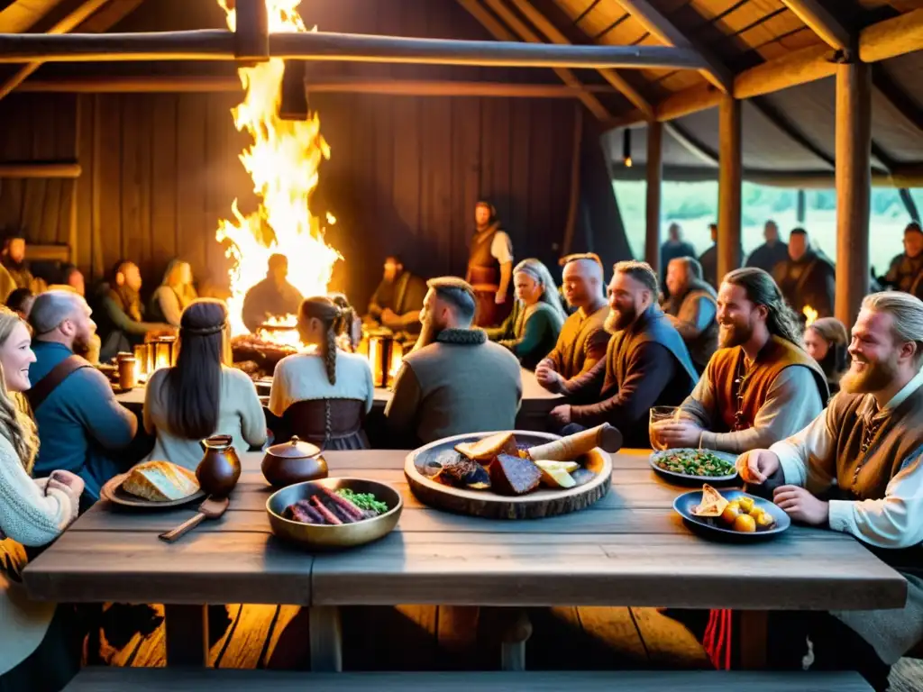 Escena vibrante de un festín vikingo en una casa larga con alimentos variados y vikingos disfrutando la comida