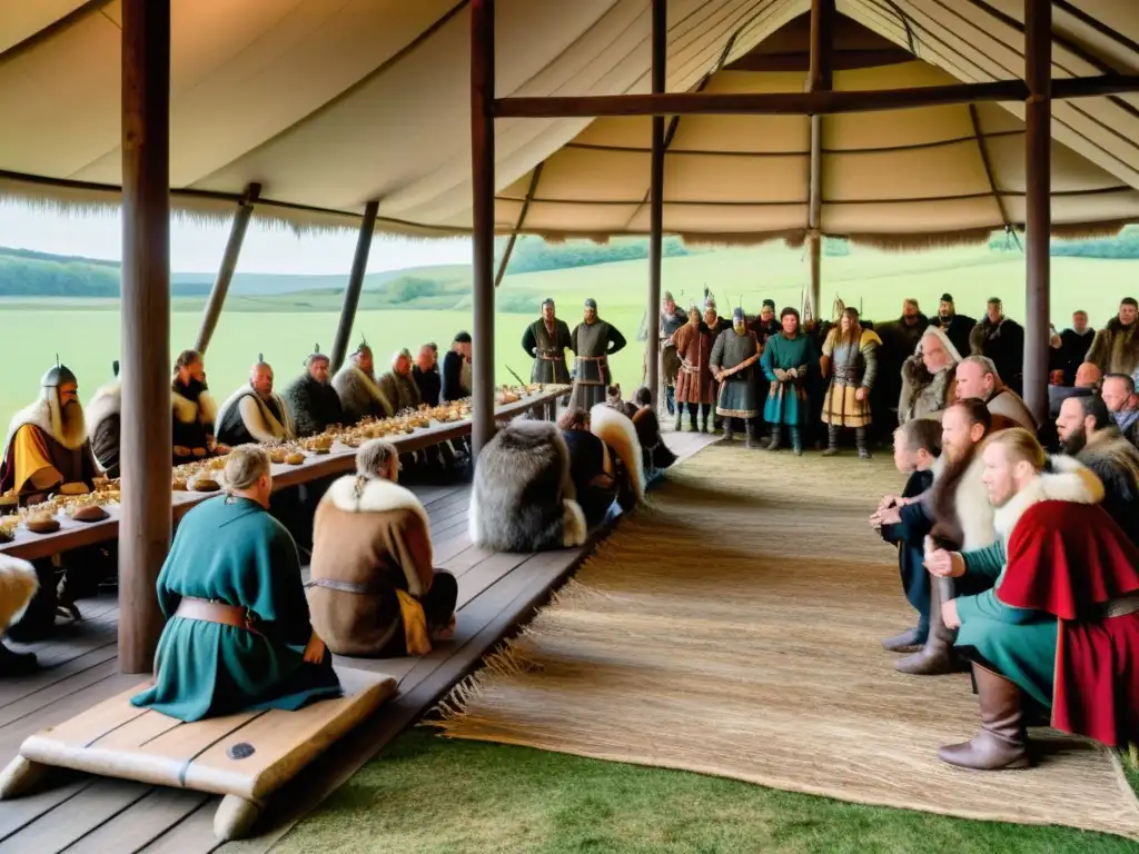 Una escena vibrante de un salón vikingo durante un festín, ilustrando la jerarquía social en la era vikinga