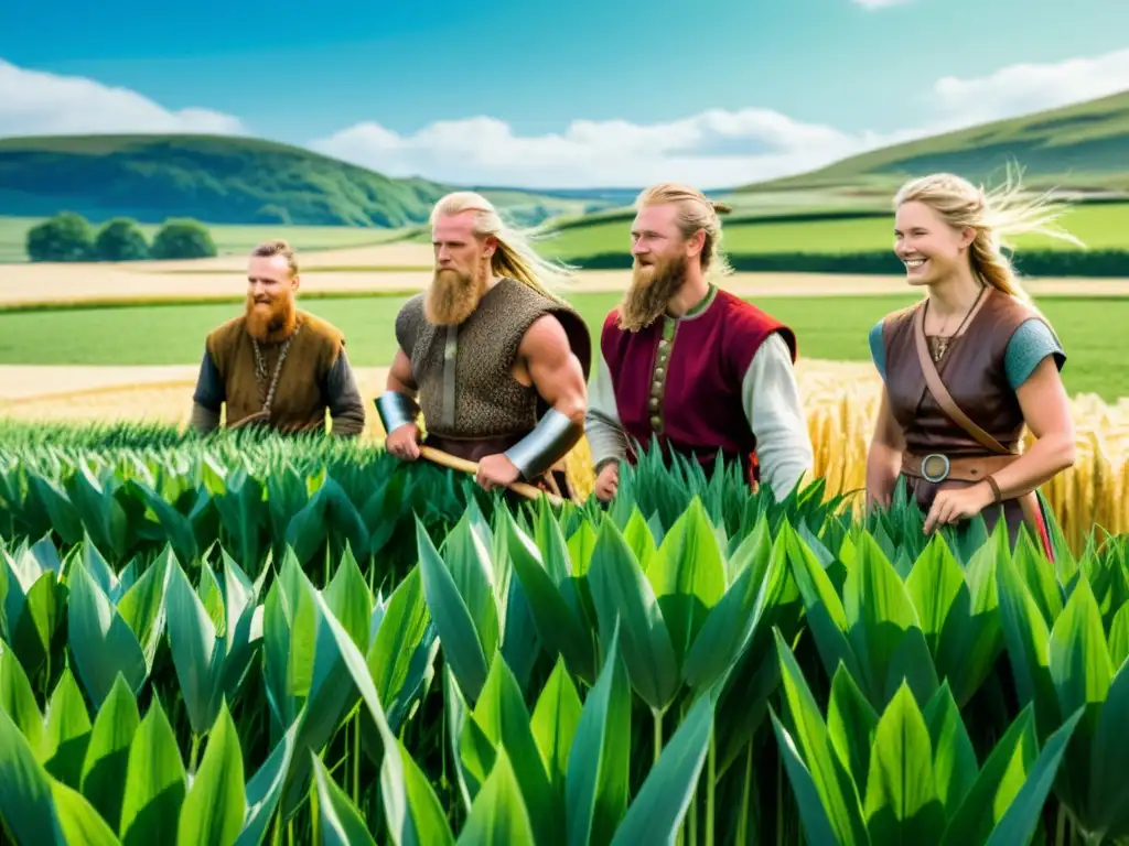 Cosecha vikinga en campos de cebada: comunidad y trabajo duro Una escena vibrante de la sociedad vikinga cultivando cebada bajo el sol, con una sensación de comunidad y trabajo duro
