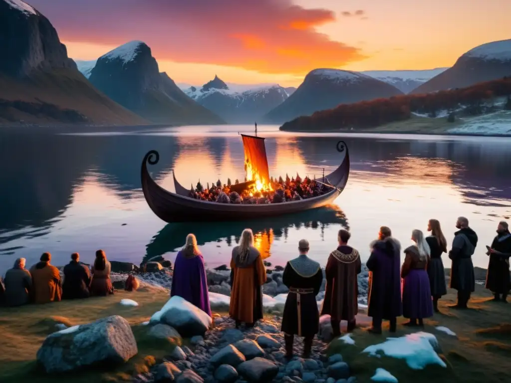 Una escena vikinga al atardecer, con un funeral en una costa rocosa