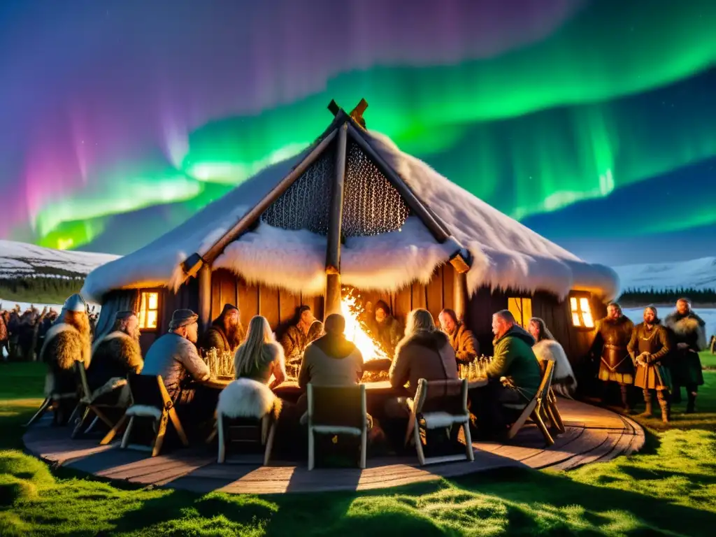 Escena vikinga con elaboración cerveza artesanal vikinga en una casa tradicional rodeada de naturaleza y auroras boreales