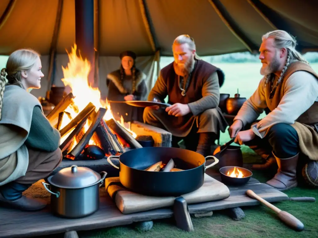 Escena vikinga en cocina de casa larga con técnicas culinarias vikingas y reenactores preparando comida junto al fuego