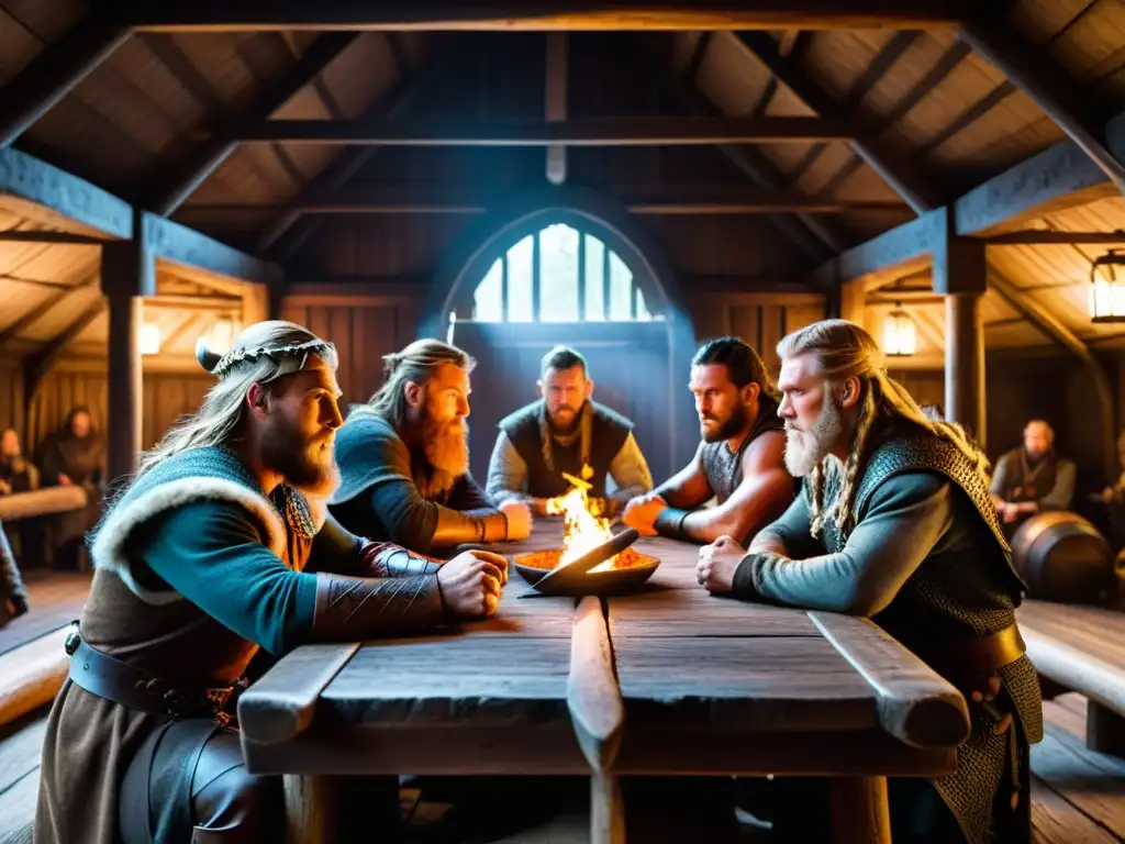 Escena vikinga de conflictos internos en una casa larga, con guerreros tensos alrededor de una mesa de madera con mapas y planes de batalla