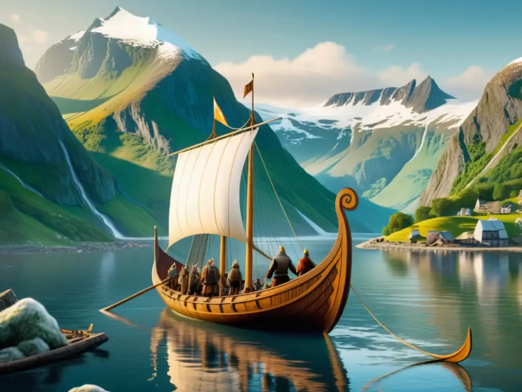 Escena vikinga: detallada ilustración de vikingos preparando un barco para zarpar en un fiordo