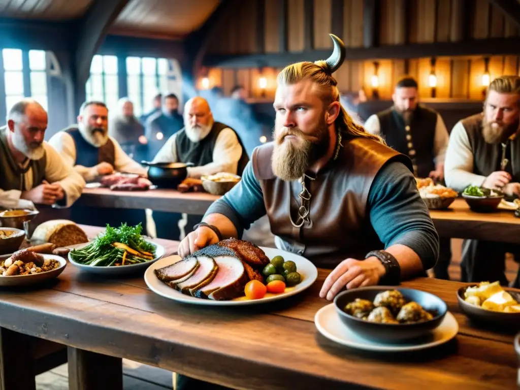 Una escena vikinga de festín con guerreros y carne, resaltando la Importancia carne en dieta vikinga