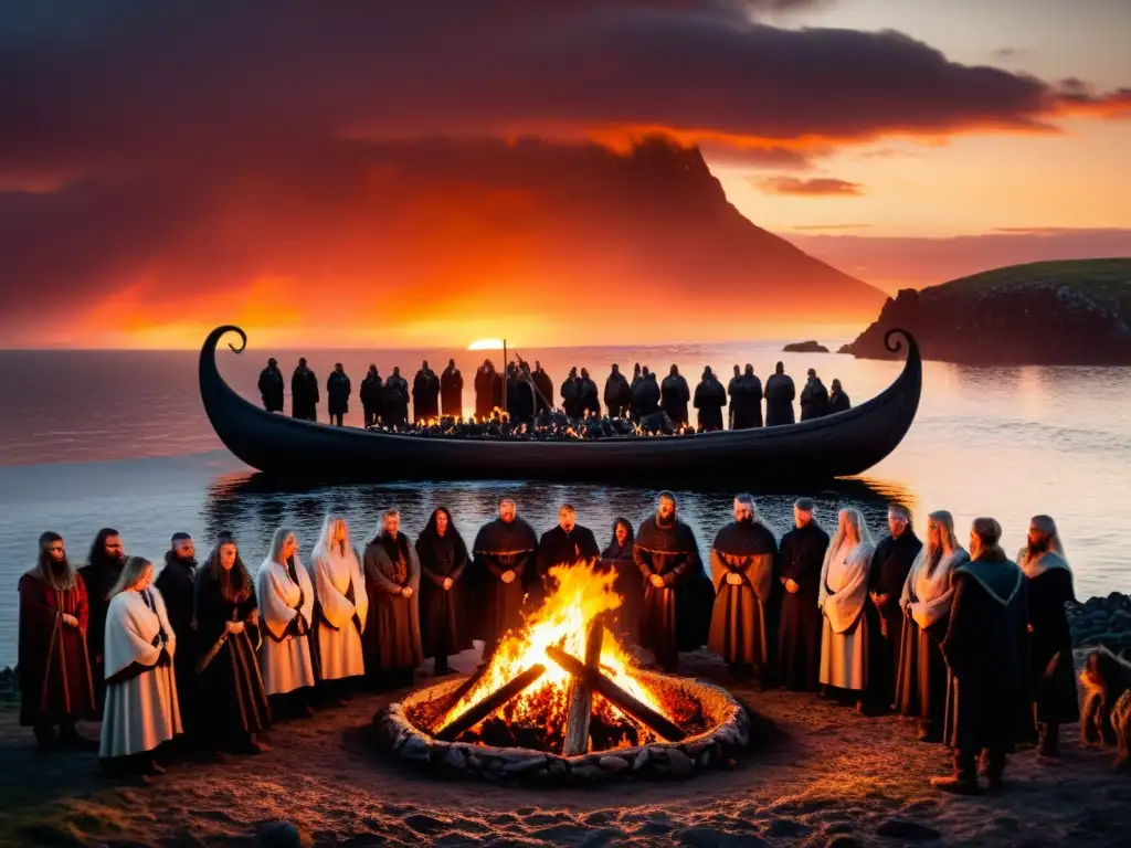 Una escena vikinga de funeral con barcos en llamas al atardecer, donde se refleja la tragedia en la sociedad vikinga