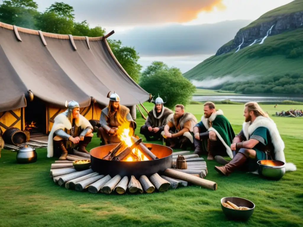 Escena vikinga: guerreros preparando una comida frente a una casa tradicional, conectando con la naturaleza