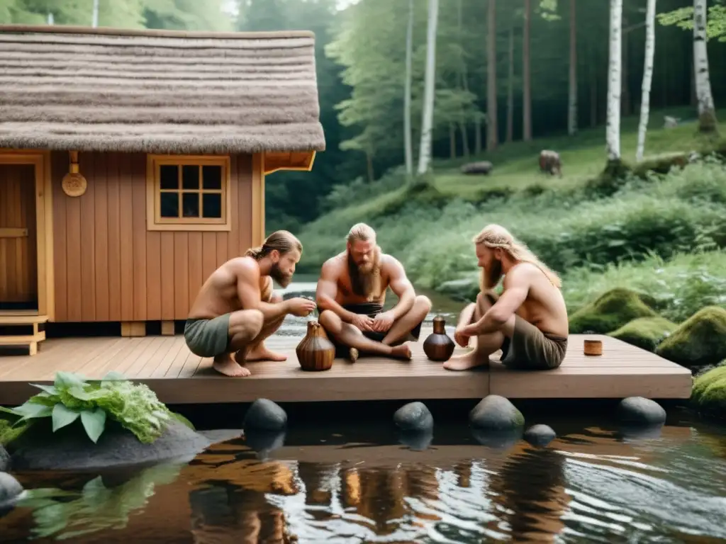 Escena vikinga de higiene personal en el bosque: hombres peinando barbas y mujeres lavando cabello con hierbas, desmintiendo mitos