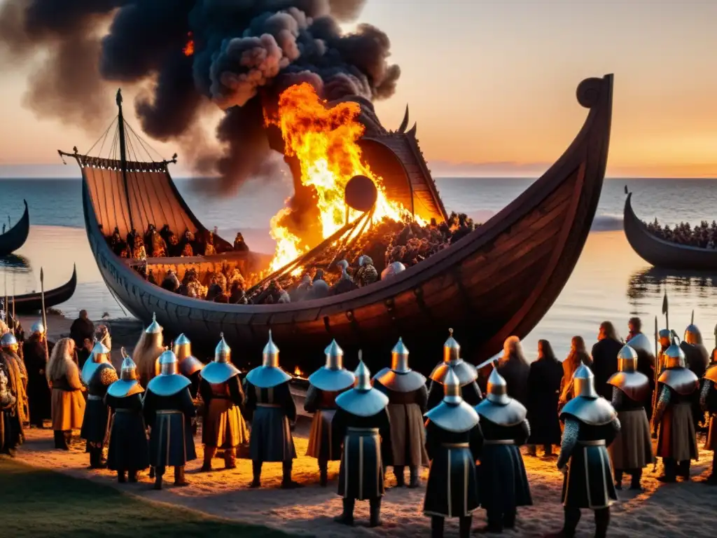 Una escena vikinga con la Importancia de la cremación vikinga reflejada en un funeral solemne al atardecer