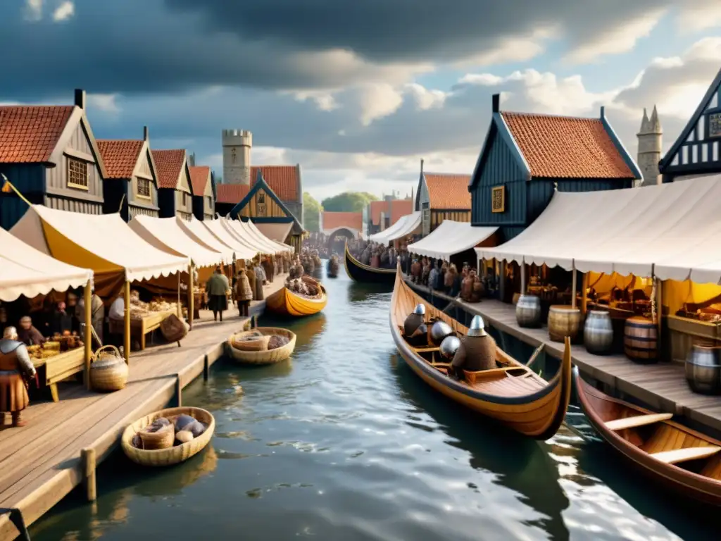 Escena vikinga en York: mercado bullicioso, vestimenta tradicional, barcos y arquitectura antigua, bajo cielo nublado