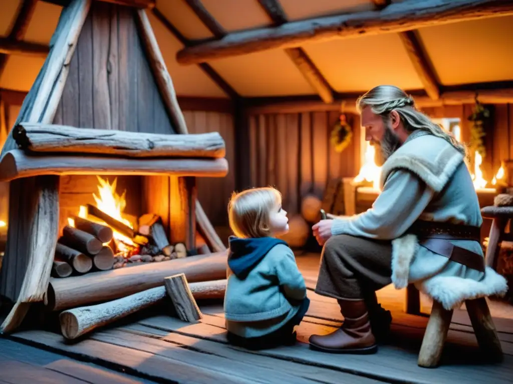 Una escena vikinga hogareña con un padre enseñando runas a sus hijos junto al fuego