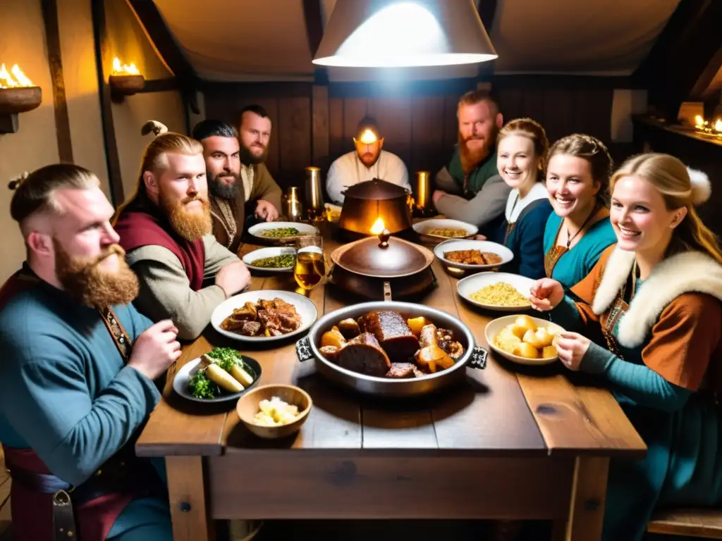 Una escena vikinga en York, Inglaterra: mesa rebosante de manjares, reenactores en trajes auténticos, luz de velas cálida