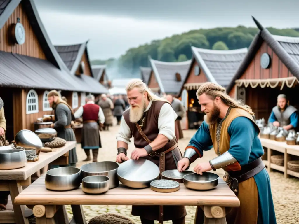 Escena viva en un mercado vikingo, con intercambio de plata por bienes, artesanos y mercaderes mostrando sus productos de plata