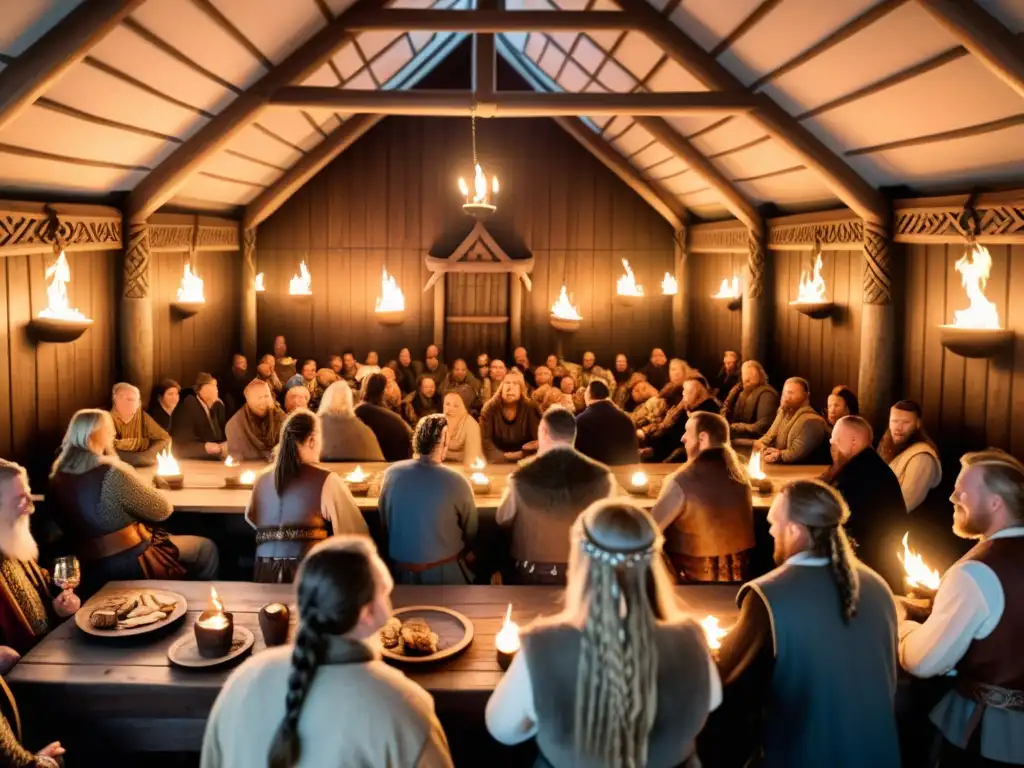 Un escenario vikingo con poetas recitando poemas épicos ante guerreros y jefes en una gran festín nocturno