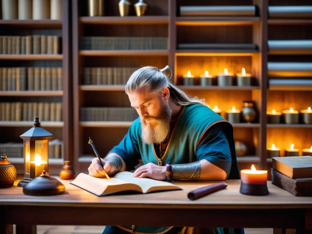 Un escriba vikingo crea manuscritos iluminados en una habitación oscura