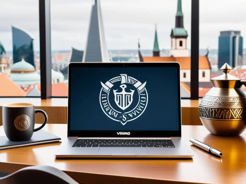 Escritorio vikingo moderno: fusión de estilos Un escritorio de oficina moderno con accesorios vikingos para look diario, fusionando estilos antiguos y contemporáneos