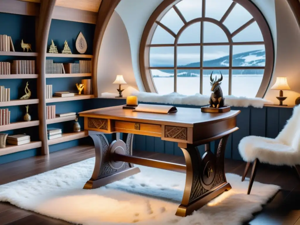 Un escritorio vikingo moderno con motivos de dragones y runas, en un estudio acogedor lleno de libros encuadernados en cuero y una ventana con paisaje nórdico nevado