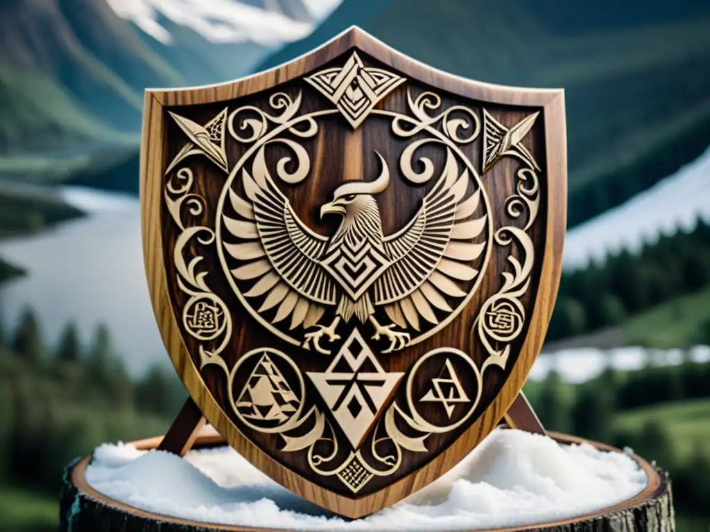 Escudo tallado en madera simbología vikinga sobre paisaje nórdico con montañas nevadas y densos bosques