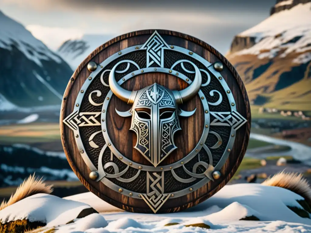 Un escudo vikingo adornado con runas nórdicas, en un paisaje montañoso