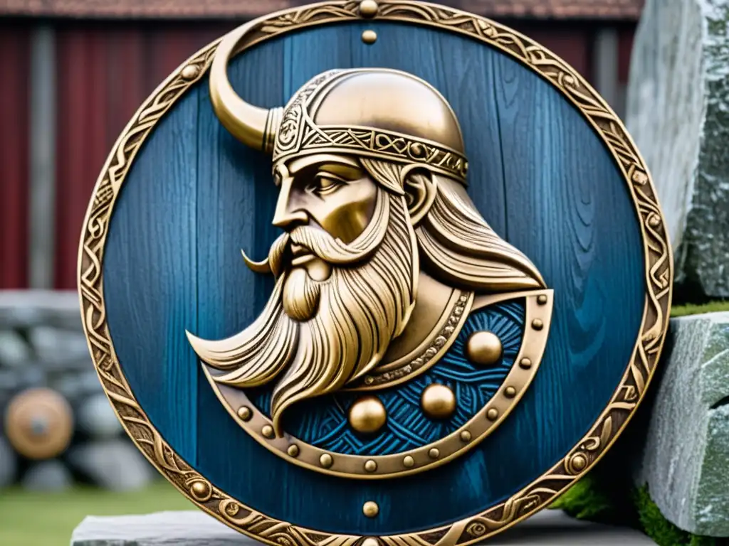 Escudo vikingo decorativo de alta calidad con grabados de Odin, Thor y Valkirias en una pared de piedra