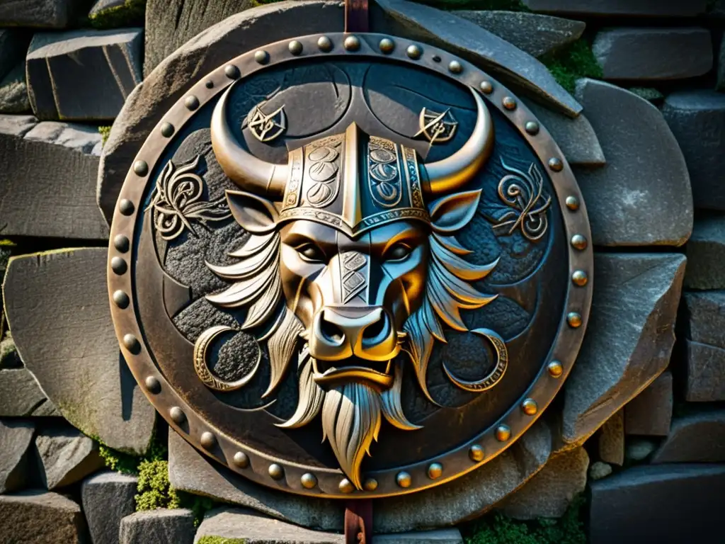 Escudo Vikingo Decorativo con dragones, runas y marcas de batalla en una pared de piedra