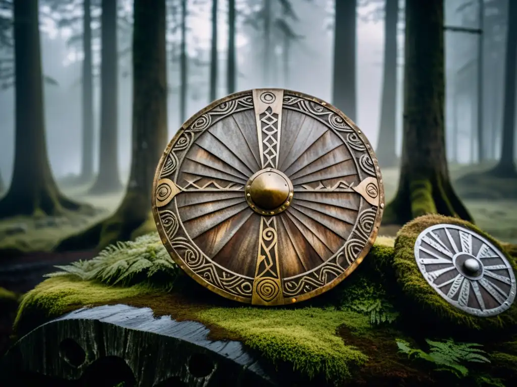 Un escudo vikingo desgastado en un bosque escandinavo, evocando valores ancestrales