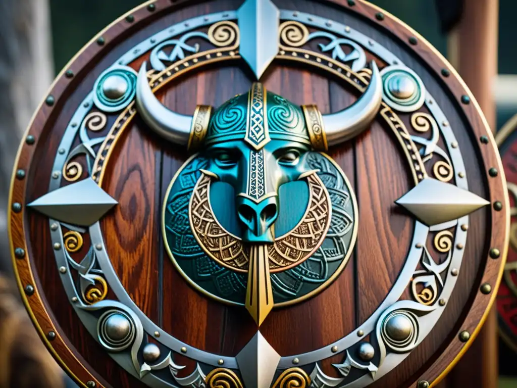 Un escudo vikingo detallado con grabados e intensos colores, reflejando el poder de las armas y armaduras valquirias vikingas