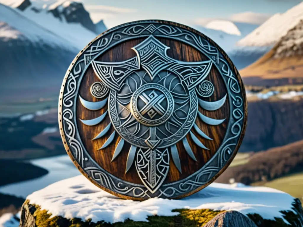 Un escudo vikingo detallado con símbolos protectores en un paisaje nórdico