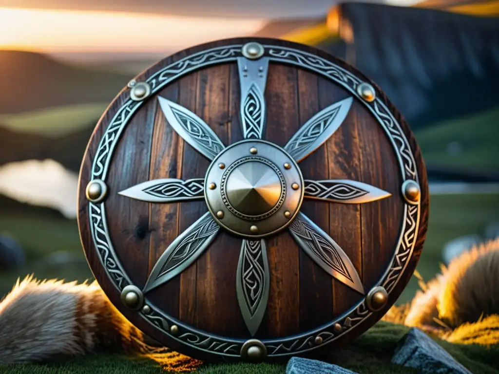 Escudo vikingo detallado con tallados e incrustaciones metálicas, en paisaje nórdico al atardecer