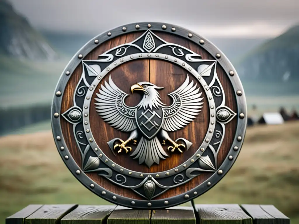 Un escudo vikingo elaborado con símbolos nórdicos, desgastado por batallas, en paisaje escandinavo