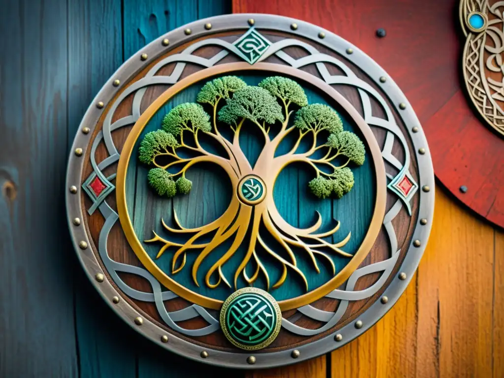 Un escudo vikingo con el símbolo mitológico de Yggdrasil, detallado y colorido, evocando poder antiguo