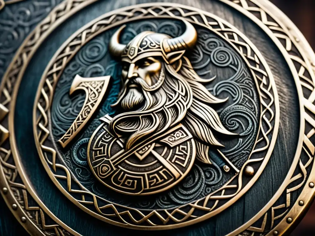 Escudo vikingo con símbolos mitológicos de Thor y Jörmungandr en épica batalla