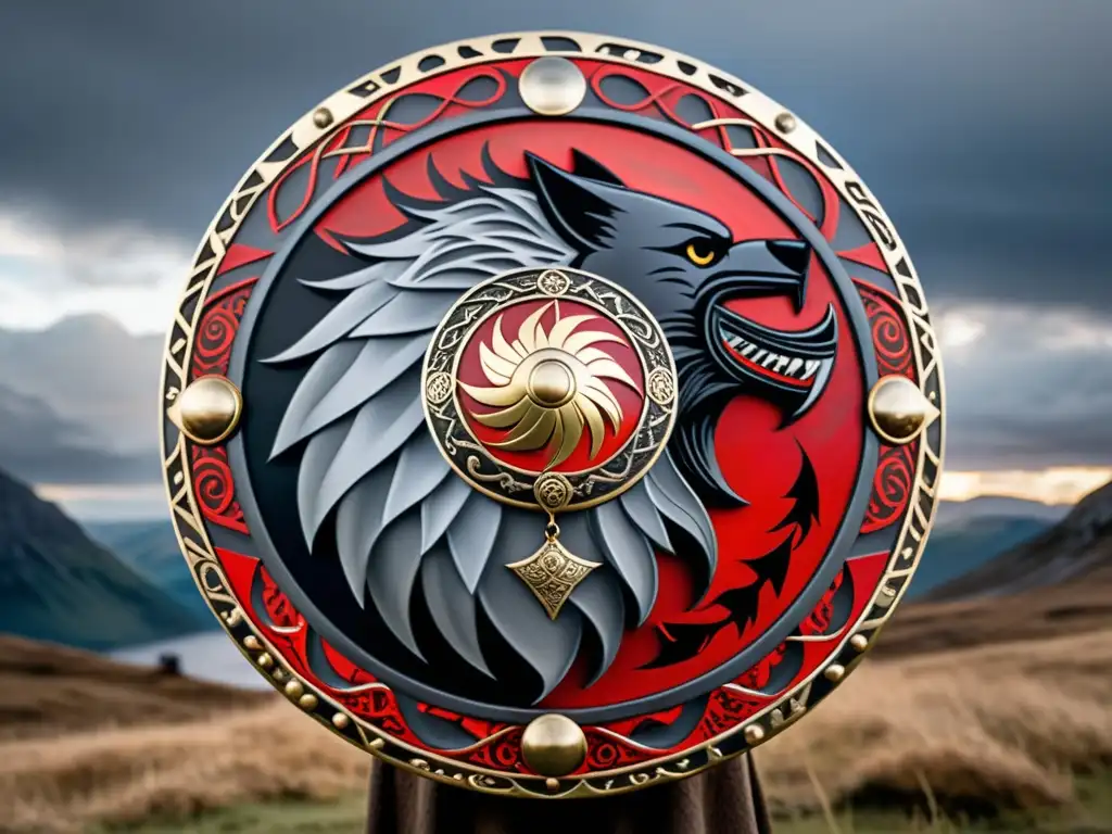 Escudo vikingo con símbolos mitológicos en paisaje nórdico tormentoso