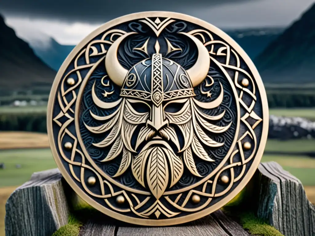 Escudo vikingo con símbolos mitológicos en batalla junto a Odin, cuervos y lobos, en paisaje nórdico tormentoso y montañas