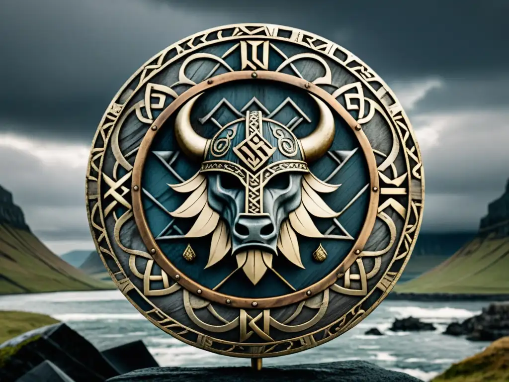 Escudo vikingo con símbolos nórdicos entrelazados y dragones, evocando protección en batalla