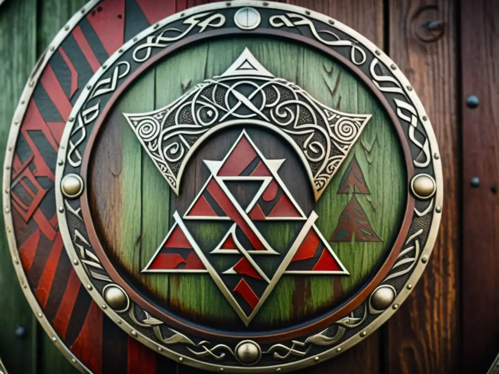 Escudo vikingo detallado con símbolos nórdicos y marcas de batalla Escudo vikingo con símbolos nórdicos y marcas de batalla