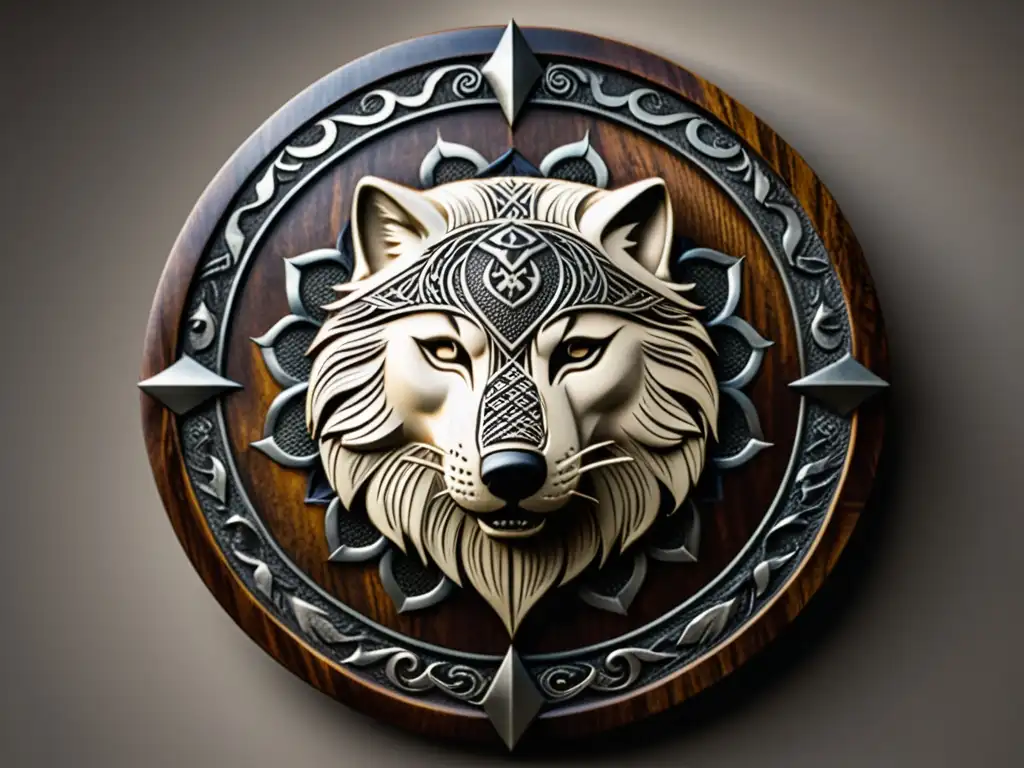 Escudo vikingo tallado con lobos, simbolismo vikingo en adornos animales