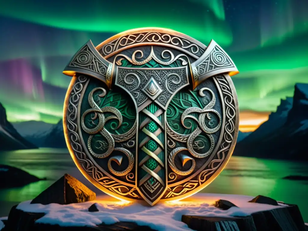 Un escudo vikingo detalladamente tallado con símbolos de poder en mitología nórdica, bajo la aurora boreal en un fiordo brumoso