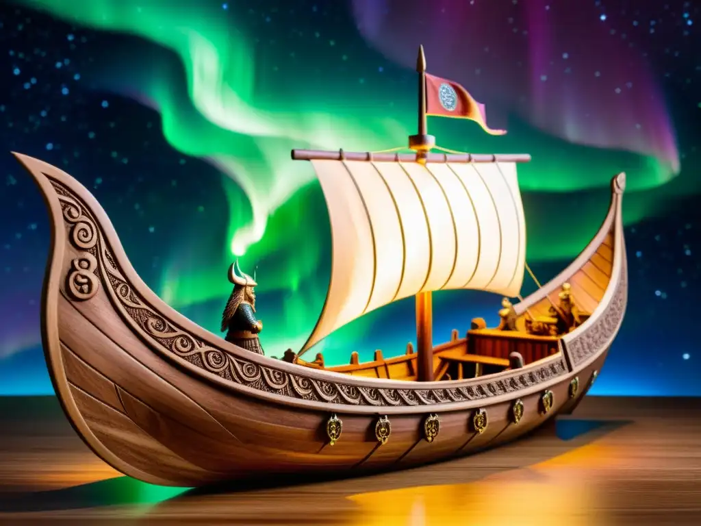 Esculpida longship vikingo bajo auroras boreales en la noche estrellada: Memoria histórica sagas nórdicas