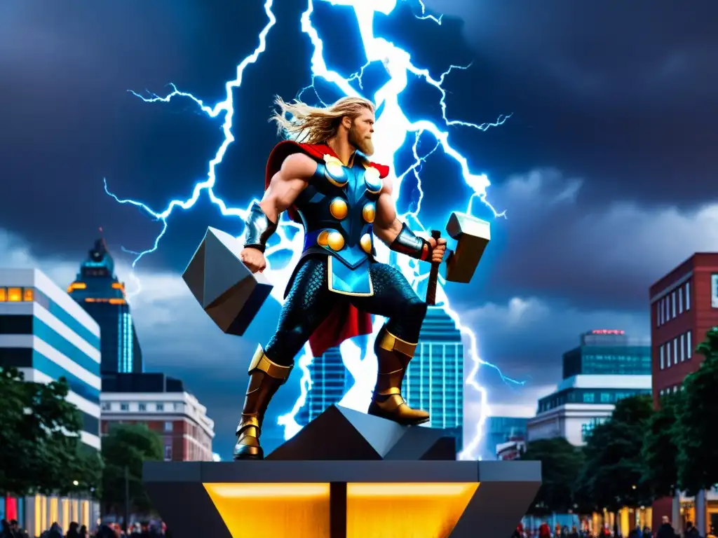 Escultura de Thor en la ciudad: mitología nórdica siglo XXI en metrópoli vibrante