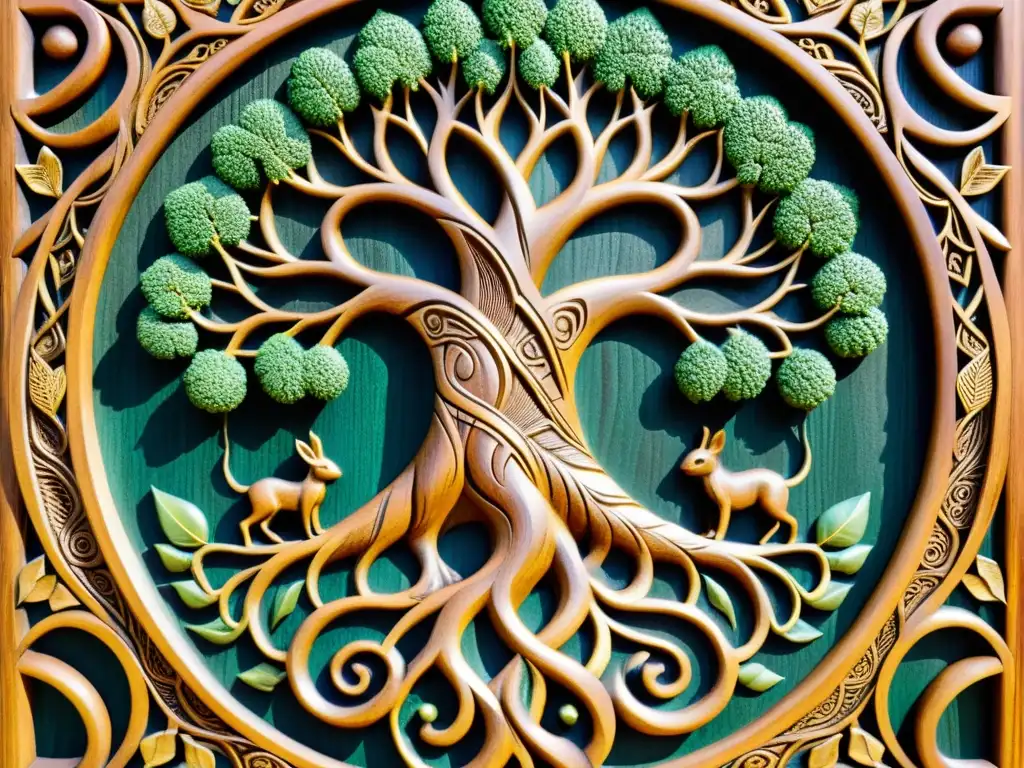 Escultura detallada de Yggdrasil, el Árbol del Mundo, con criaturas de la mitología nórdica