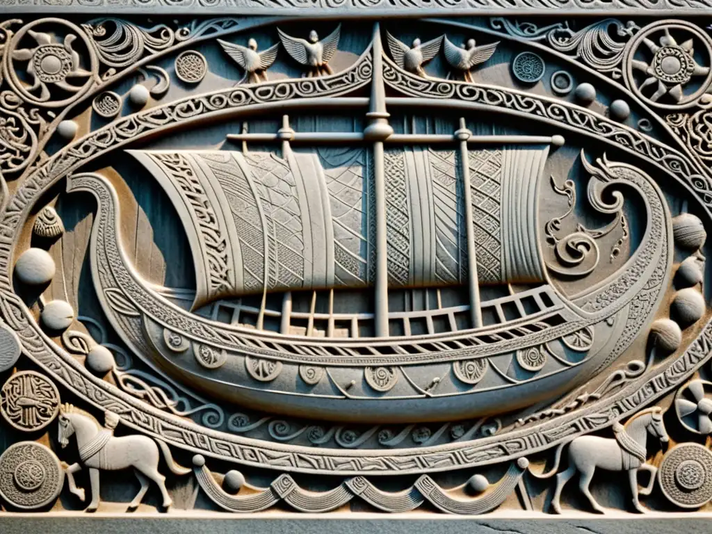 Escultura detallada de un barco vikingo en una losa de piedra, reflejando el impacto vikingo en arte europeo